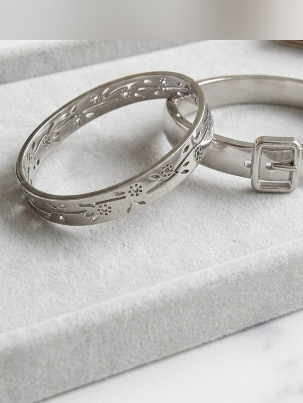 Silver Buckle Belt Bangle + Cutout Flower Cuff Bracelet Set